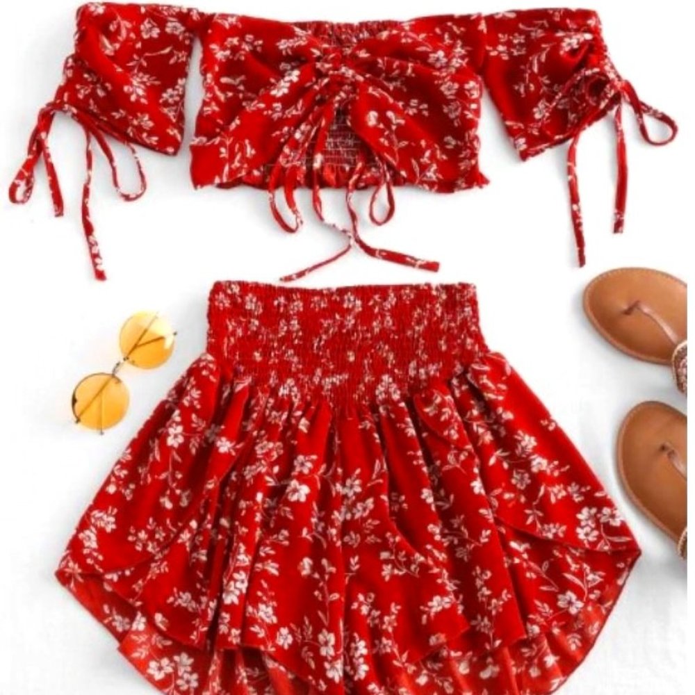 Zaful Off the Shoulder Floral Boho Two-Piece Set Small